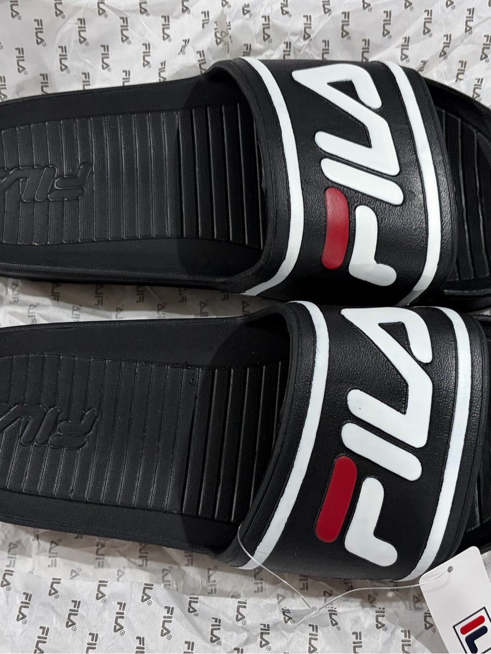 Fila Black Slide Sandals with White and Red Logo Accents